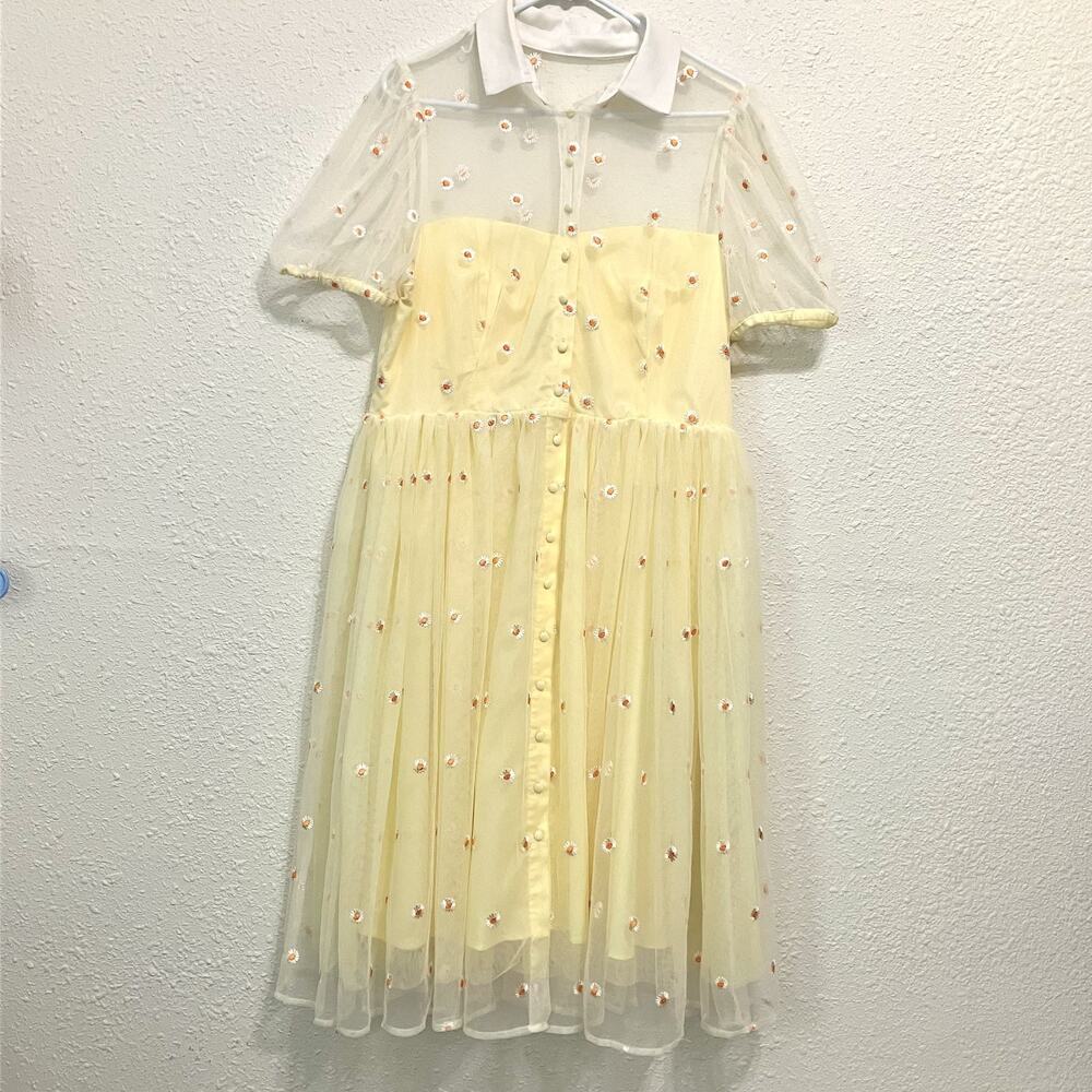 Unique Vintage Yellow Daisy Embroidered Mesh Midi Dress Women's XL /14 Romantic